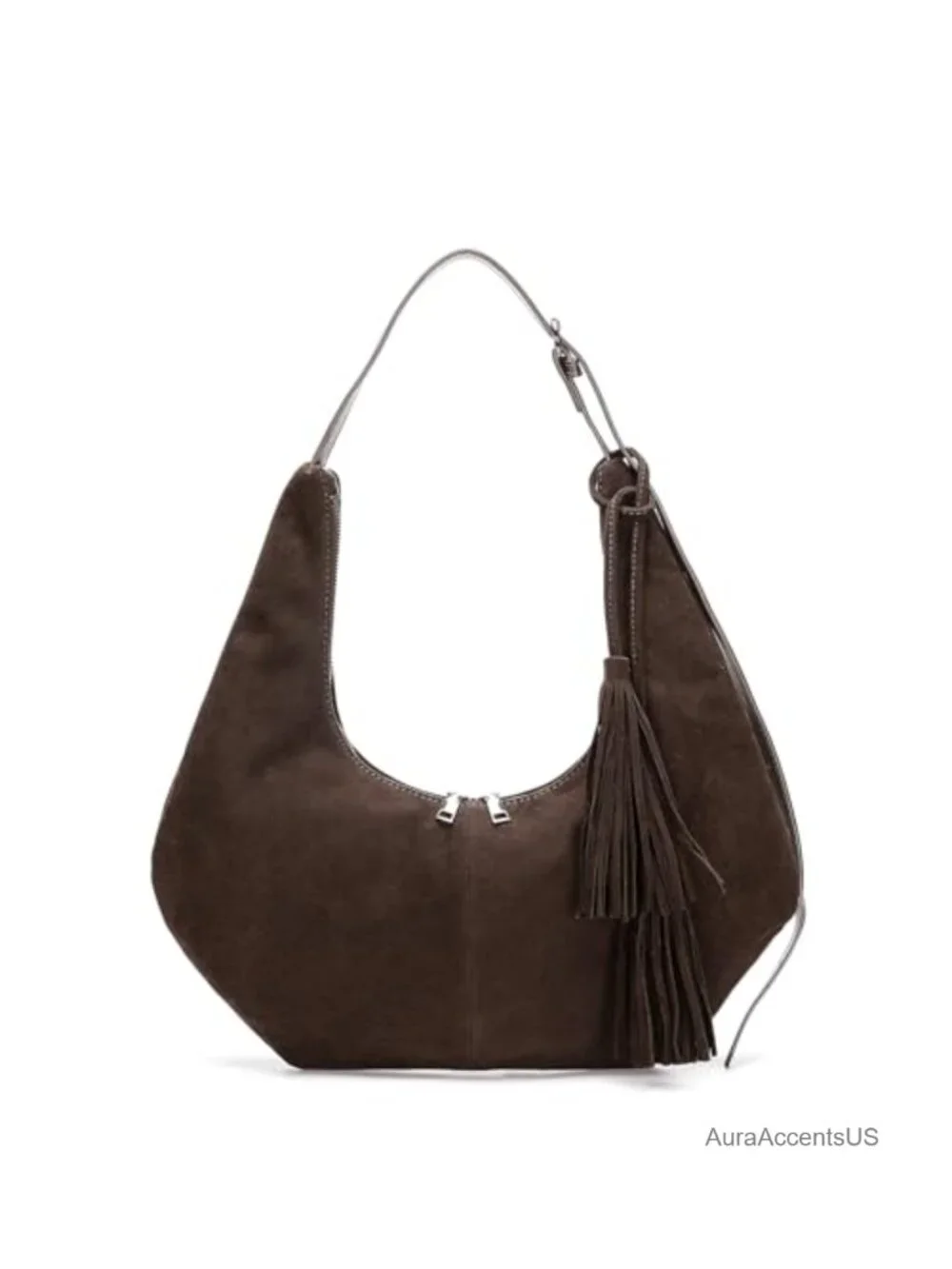 Faux Suede Slouchy Crescent Hobo Bag with Tassel - Adjustable Strap